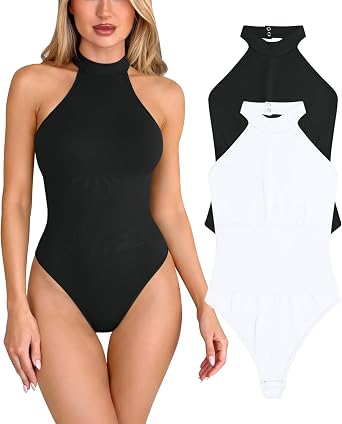 OQQ Women 2 Piece Halter Neck Thong Bodysuit Top Going Out