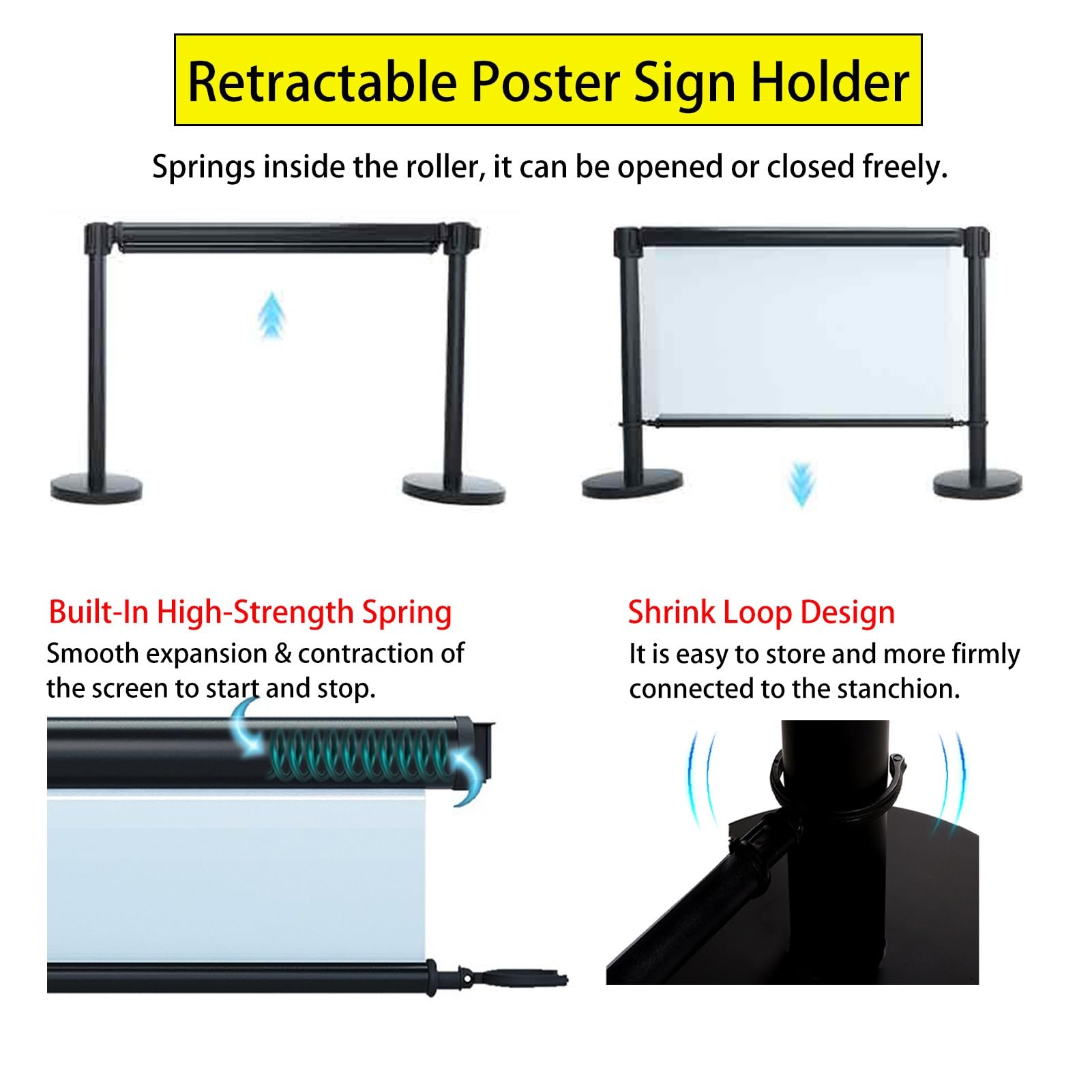 Postes con Pantallas retráctiles, Poste de Cola de Barrera de Control de multitudes de Alta Resistencia, Juego de Postes de Carteles con Carteles Personalizables (tamaño: 100cm/3,3 pies)