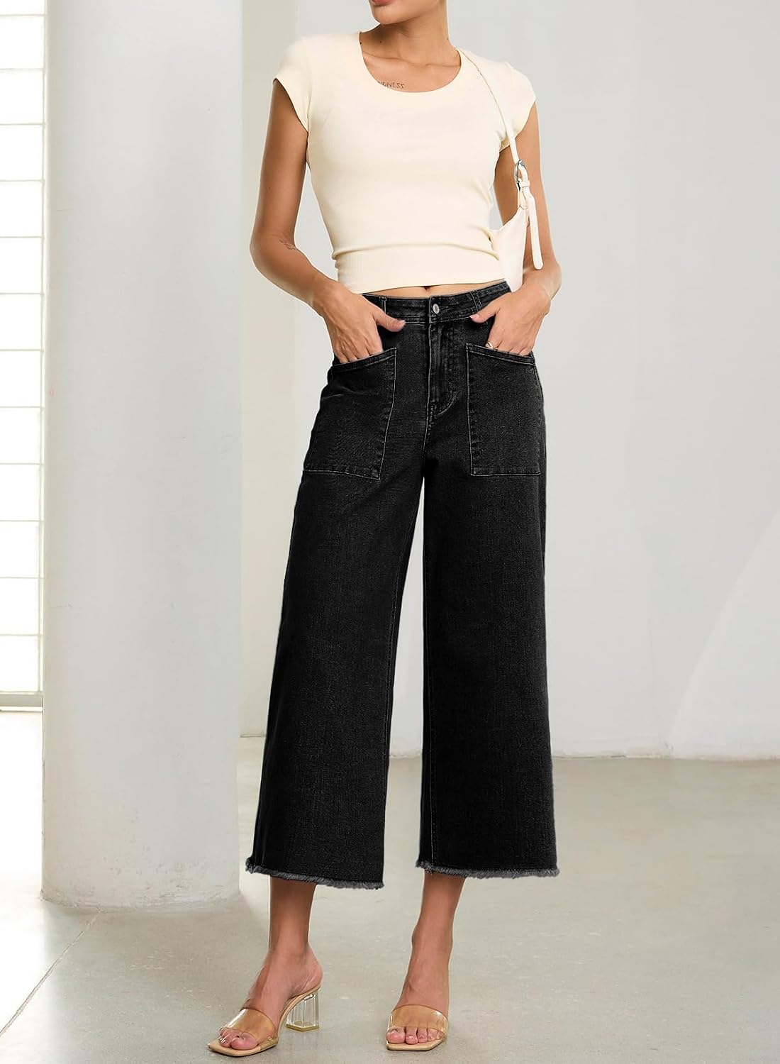 Sidefeel Womens Wide Leg Baggy Capri Jeans High Waisted Straight Leg Stretchy Raw Hem Cropped Denim Pants with Pockets image 5