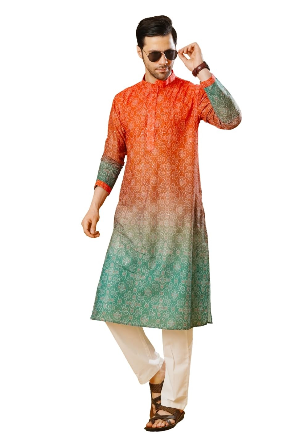 Men's Cotton Blend Orange and Green Kurta Pyjama-image-16