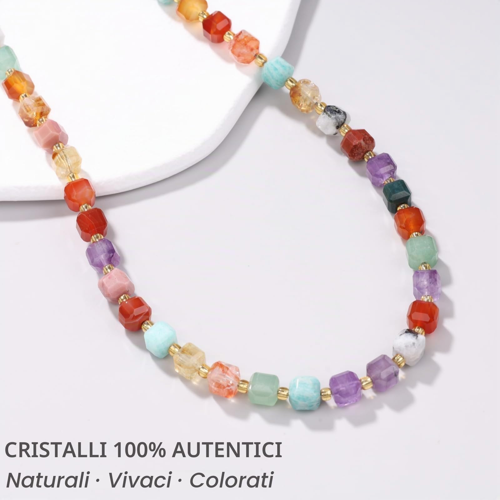 COAI Collana da Donna con Pietre Chakra, Collana di Perline Colorate Quadrate di Cristalli Naturali
