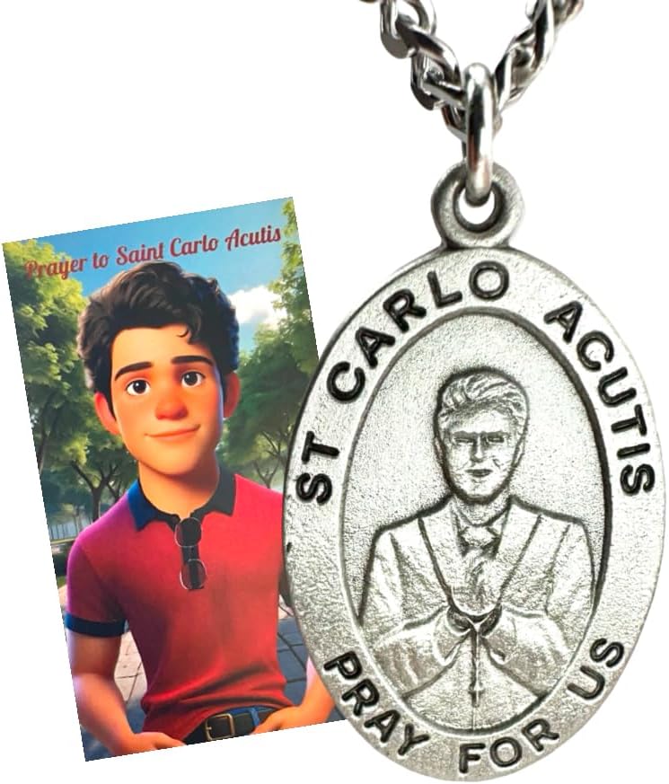 Westmon Works St Carlo Acutis Pewter Medal and Stainless Steel Necklace Set with Patron Saint of the Internet Prayer Card