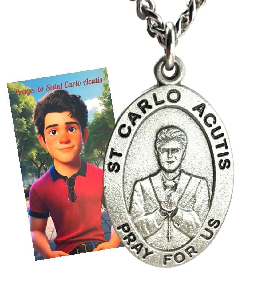 Westmon Works St Carlo Acutis Pewter Medal and Stainless Steel Necklace Set with Patron Saint of the Internet Prayer Card