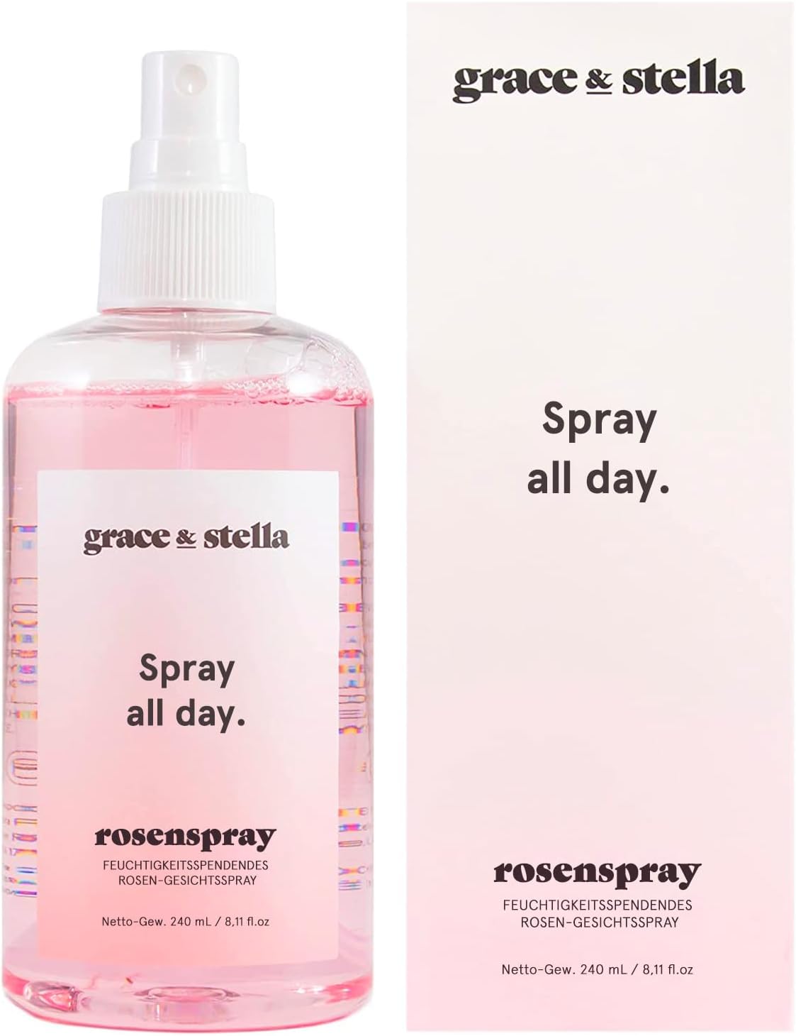 Grace & Stella – Spray Eau de Rose Visage Vegan, Lauréat du Prix d’Excellence pour la Peau, Parfait comme Vaporisateur Cheveux, Spray Hydratant Cheveux, Lotion Tonique Visage, Brume Corps (240ml)