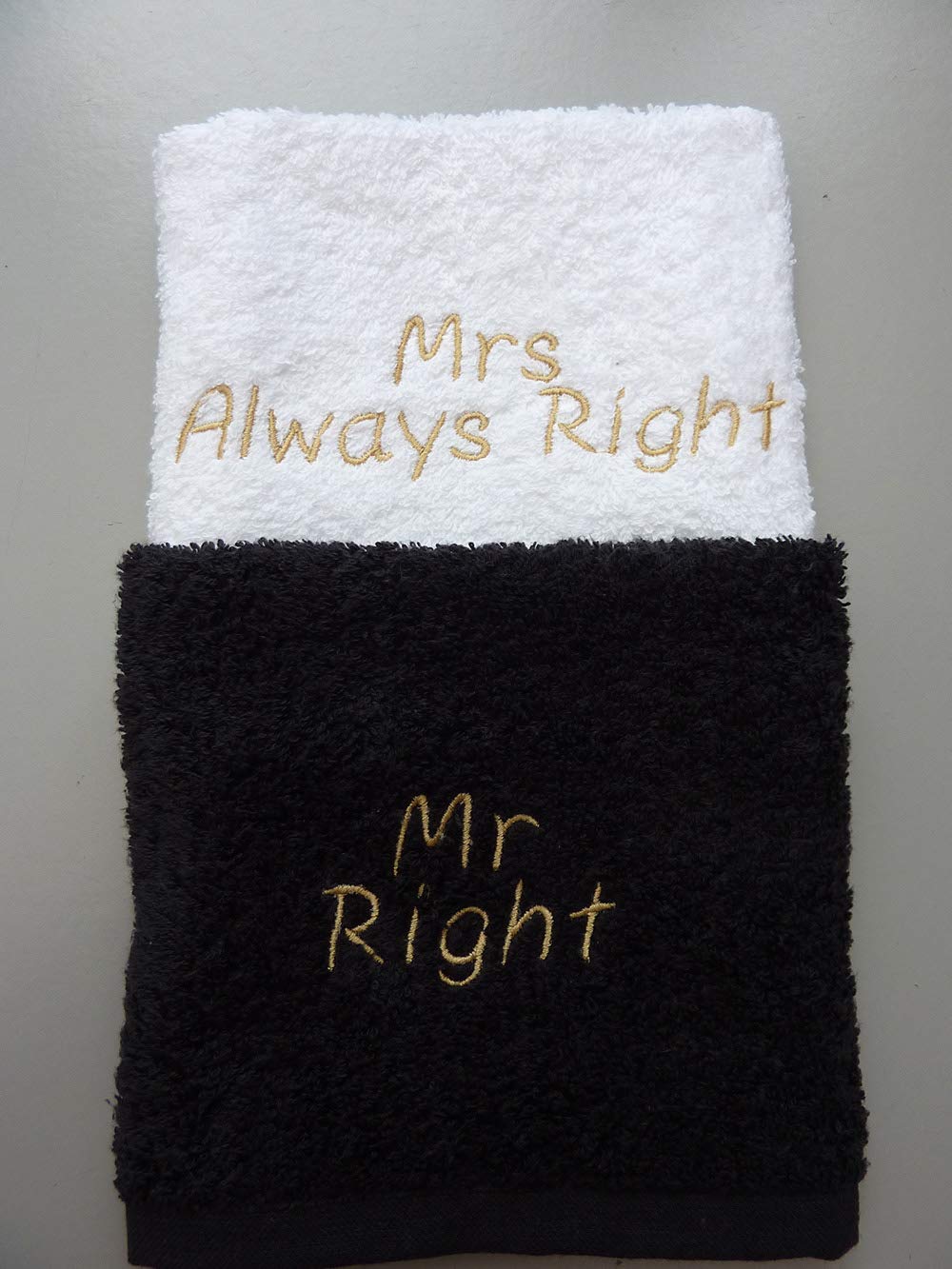 EFY100% Cotton Face Cloth set, embroidered with MR RIGHT/MRS ALWAYS RIGHT