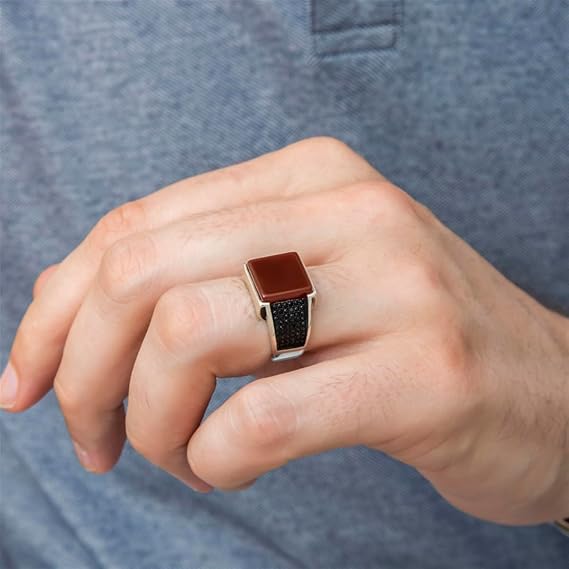 Agate Aqeeq Men's Ring, Sterling Silver 925, Yemeni Aqeeq, Turkish Ring, Solitaire, Red, 125 mm x 12 mm