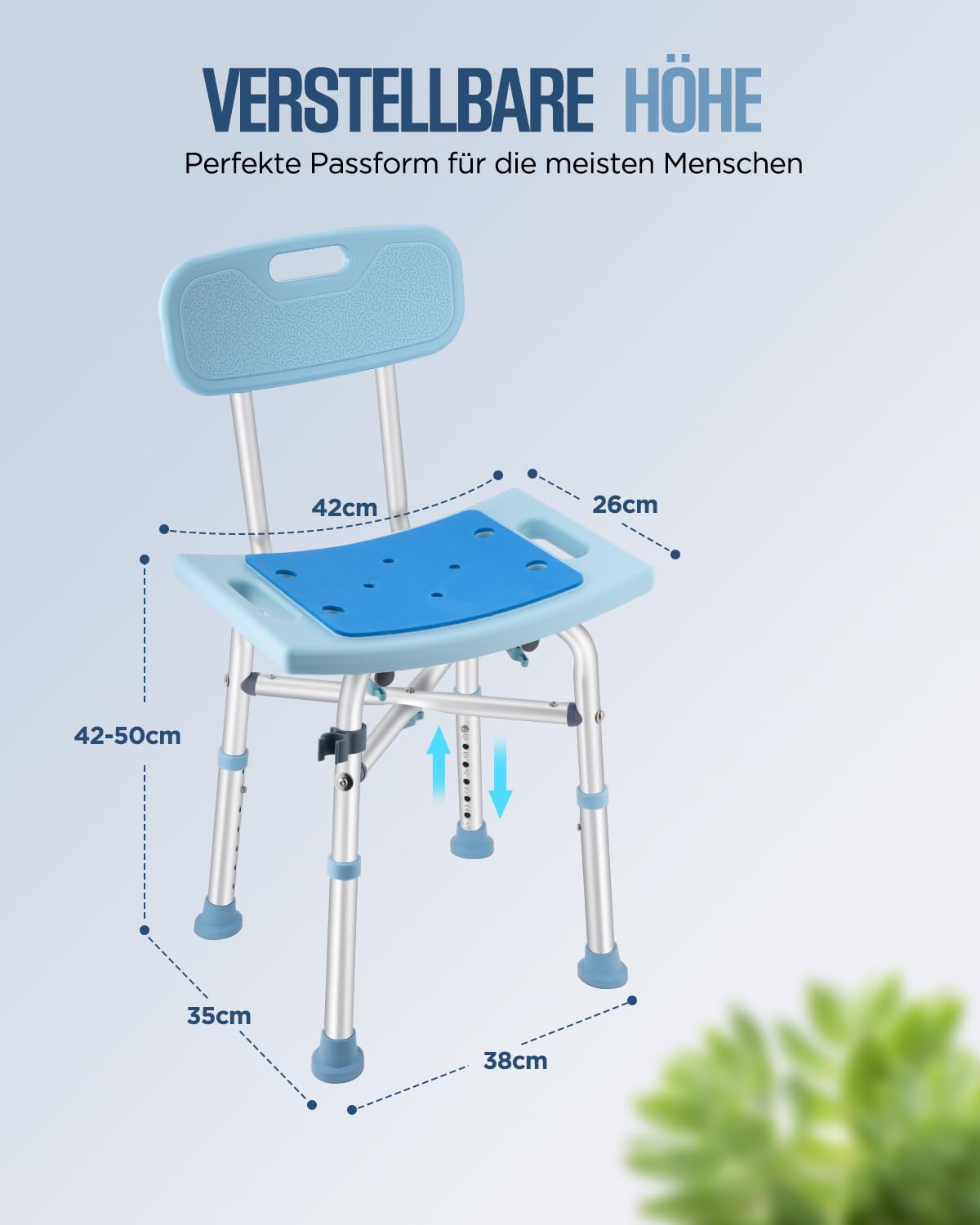 Taburete de ducha con respaldo extraíble, silla de ducha para personas mayores, soporta 220 kg, altura regulable 42-50 cm, asiento de ducha de aluminio, silla de baño, taburete para bañeras