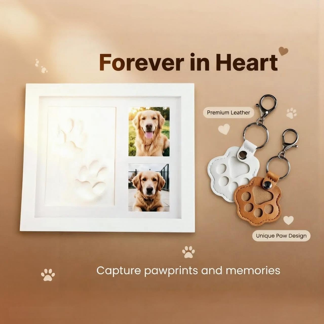 Pet Paw Print Keepsake Kit – Memorial Gift for Dog Cat | Air dry clay with wood photo frame & 2 fur keychains, step-by-step guide, birthday sympathy gift for pet lovers