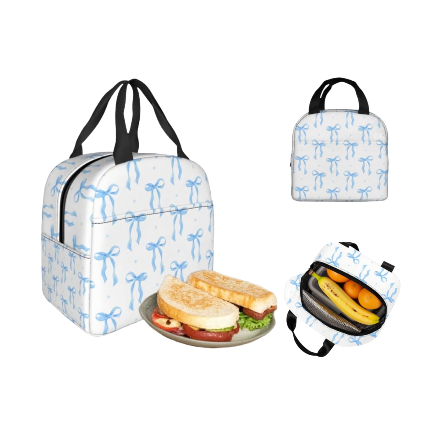 Bow Lunch Box Cute Blue Ribbon Bow Watercolor Insulated Lunch Tote Bag for Women Men Small Lunch Bag