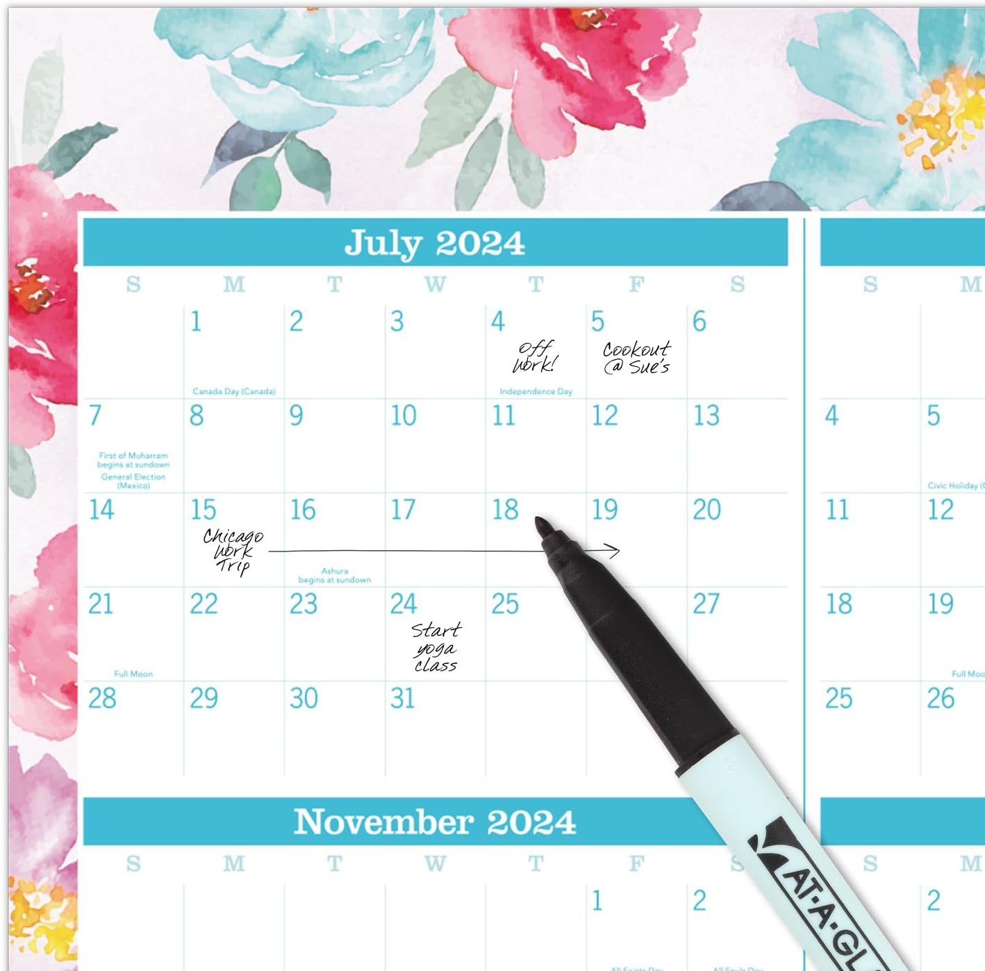 AT-A-GLANCE 2024-2025 Erasable Wall Calendar Planner, 24" x 36", Large, Academic & Regular Year, Dry Erase, Reversible, Vertical/Horizontal, Badge Floral (1710F-550SB)