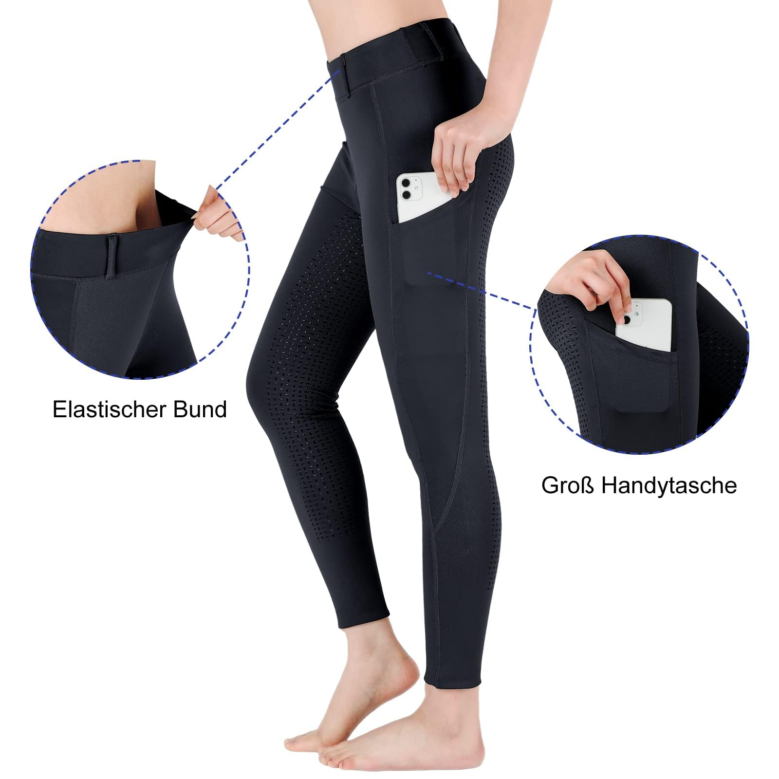 beroy Pantalon d'équitation pour enfant avec empiècement complet avec leggings d'équitation en silicone pour fille avec passants de ceinture et poche pour téléphone portable