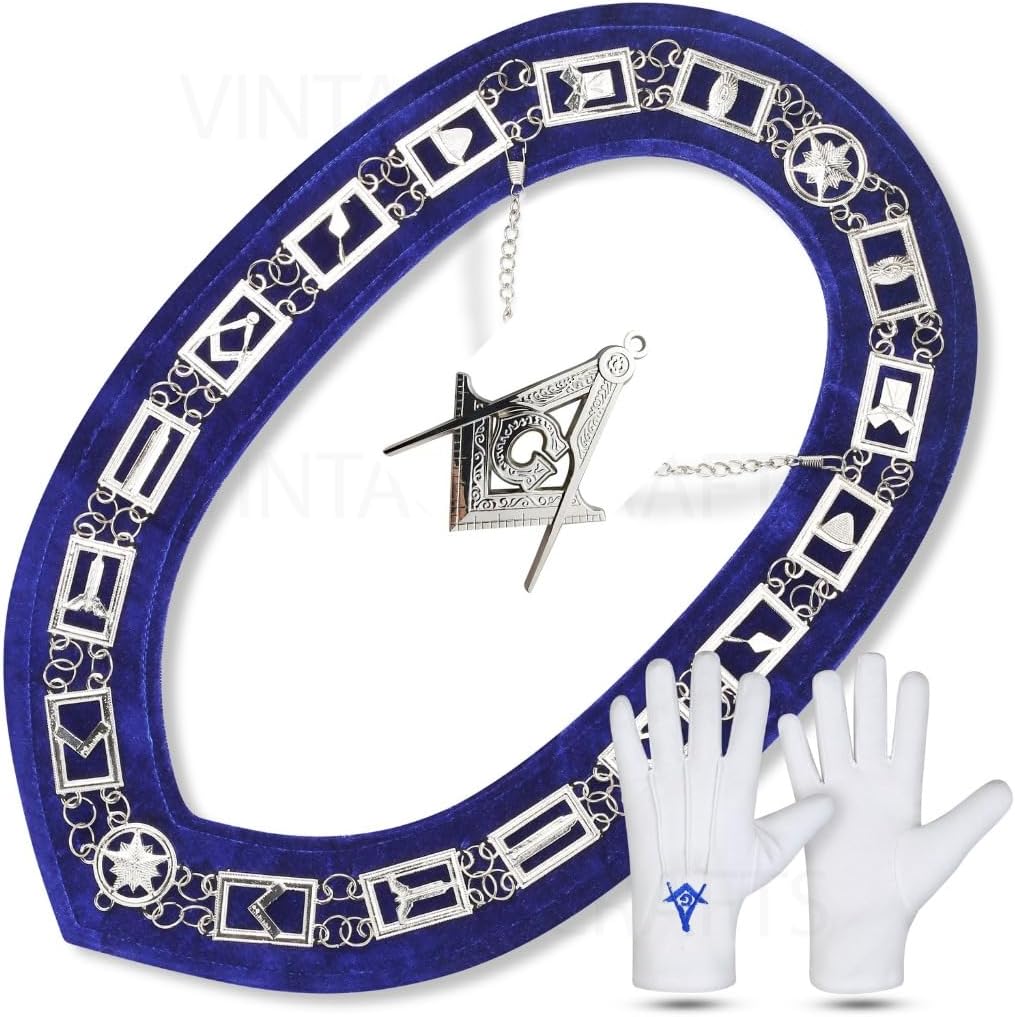 Past Master Masonic Blue Lodge G Collar with Silver Plated Metal Chain & White Masonic Gloves and Jewel Freemason Regalia for Lodge Officers
