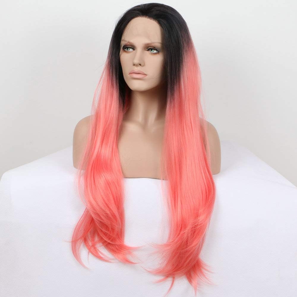SereneWig 24" Ombre Bright Pink Wig Long Straight Synthetic Lace Front Wigs for Women Cosplay Daily Party Use Pink Ombre Heat Resistant Fiber Women Replacement Lace Wigs Drag Queen