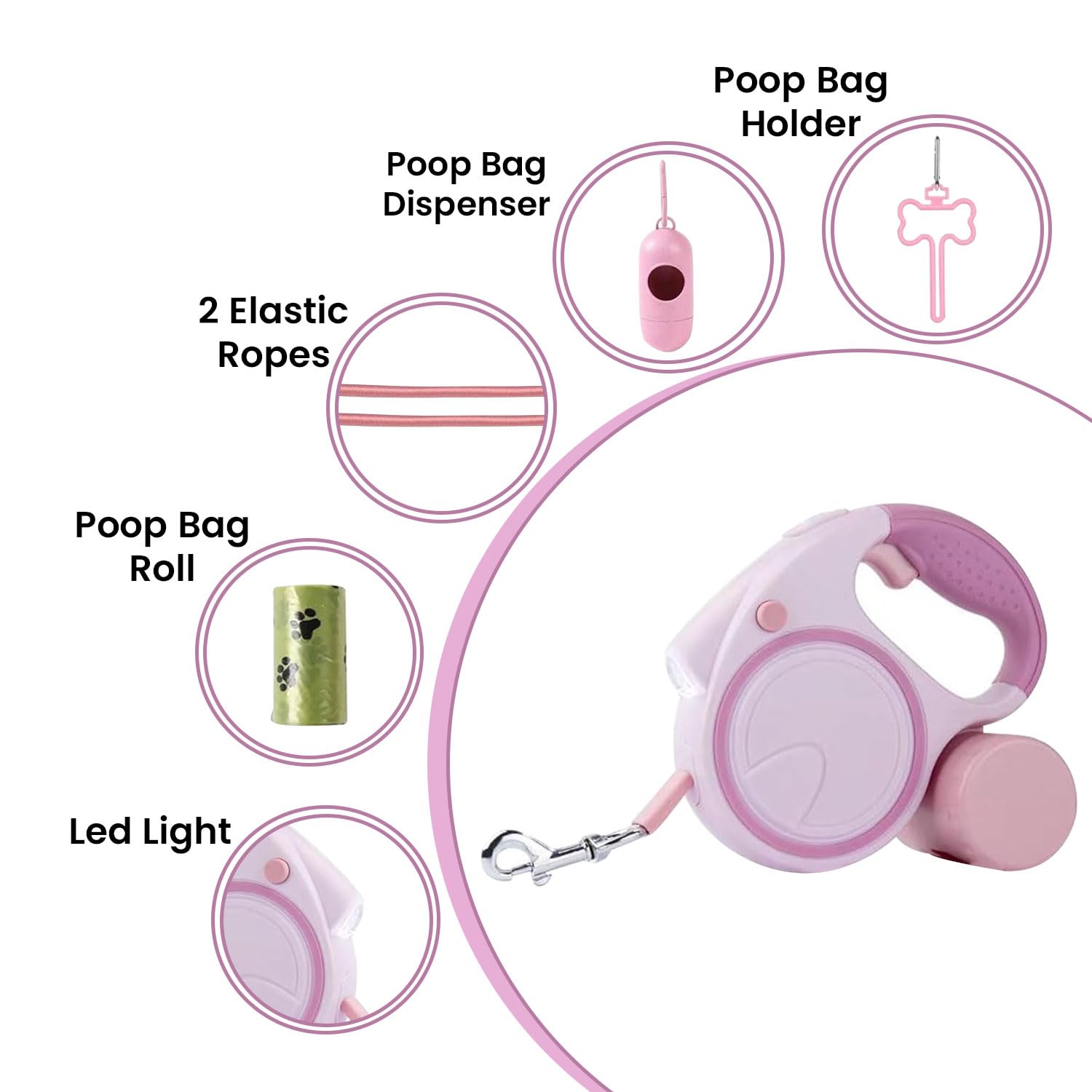 Best Dog Supplies Lot de 4 laisses rétractables pour chien avec lumière, distributeur de sacs à déjections, support de sac à déjections canines, 2 cordes élastiques