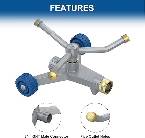 Miniatura 4 de Rociadores para patio, rociador de metal de 3 brazos con base de rueda, sistema de rociadores de césped giratorio automático de 360 grados para
