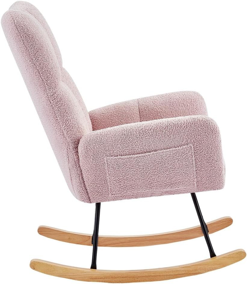 Teddy Rocking Chair Nursery, Modern Teddy Fabric Nursing Chair for Mom and Baby, Accent Upholstered Rocker Glider Chair with High Backrest for Nursery, Living Room, Bedroom (Pink)