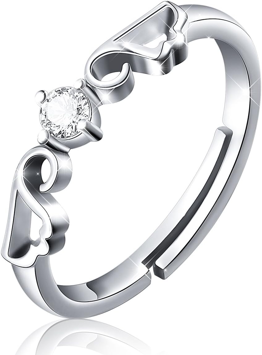 S925 Sterling Sliver Angel Wing Ring Cubic Zirconia Resizable Ring，7#