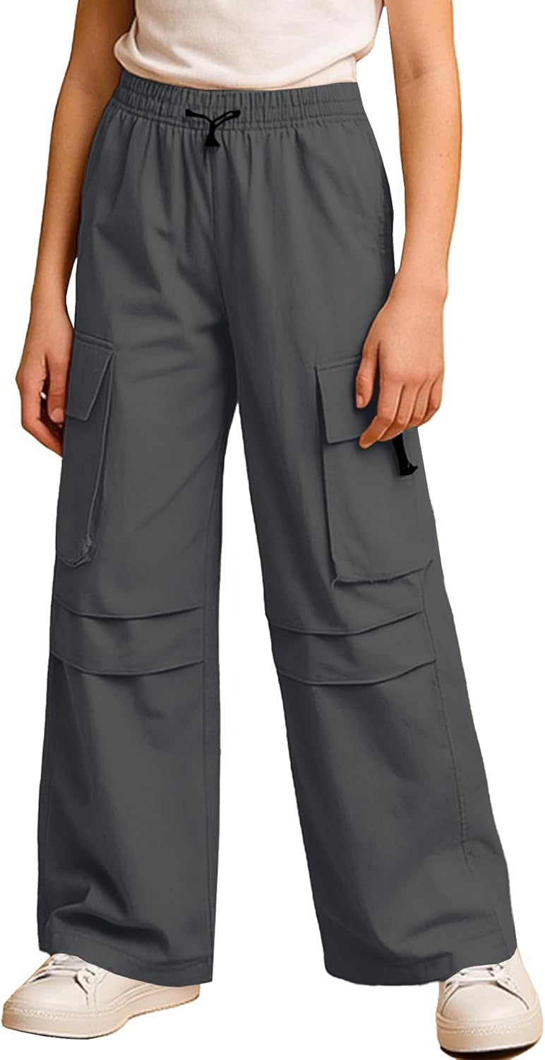 SANGTREE Girls Parachute Pants Loose Lightweight Drawstring Waist Hip Hop Cargo Pants,6-16 Years