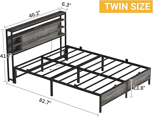 Miniatura 3 de Unikito Base de cama de tamaño individual con estación de carga y luz LED RGB, plataforma resistente con cabecera de almacenamiento, listones de