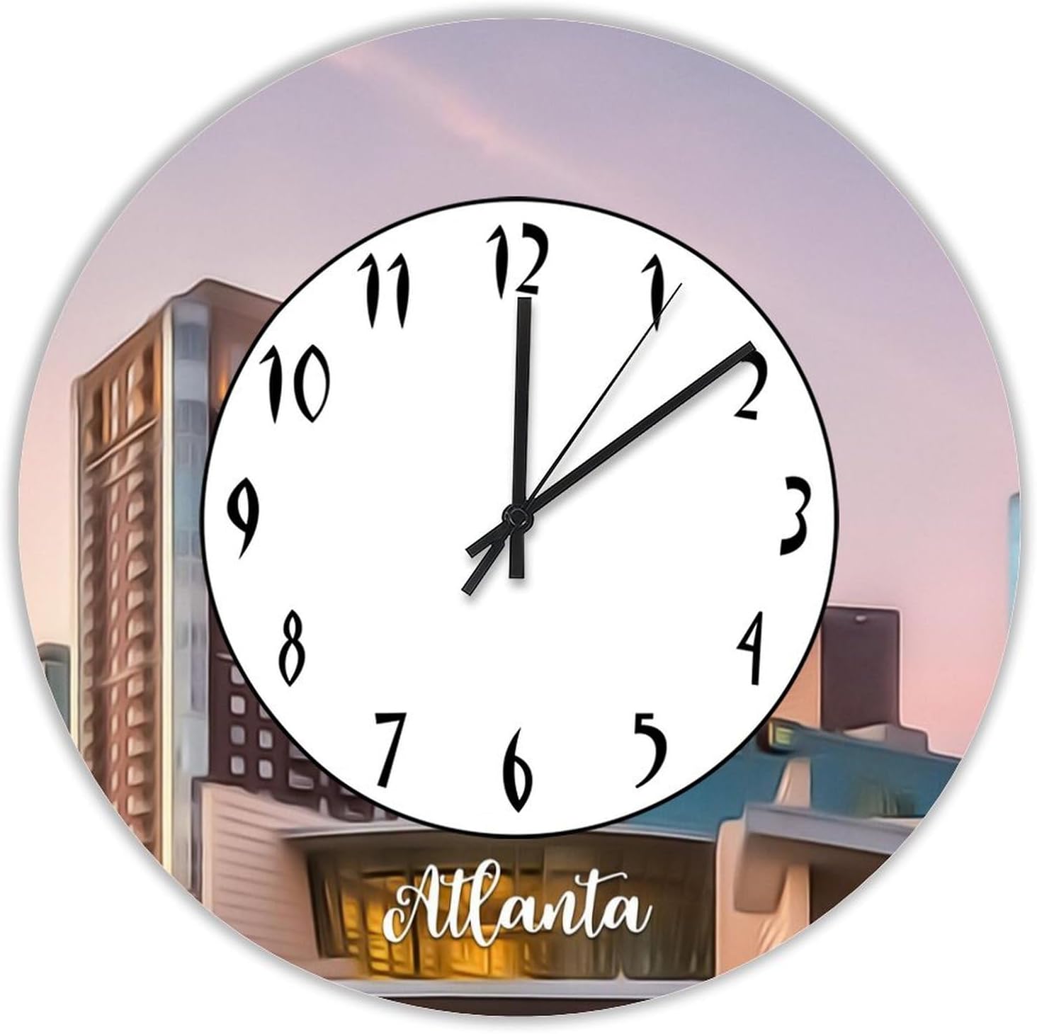 Atlanta City View Hanging Wall Clock Atlanta Round Wood Wall Clock 15inch Clocks Battery Operated Quartz Silent Art Clocks for Living Room Bedroom Office