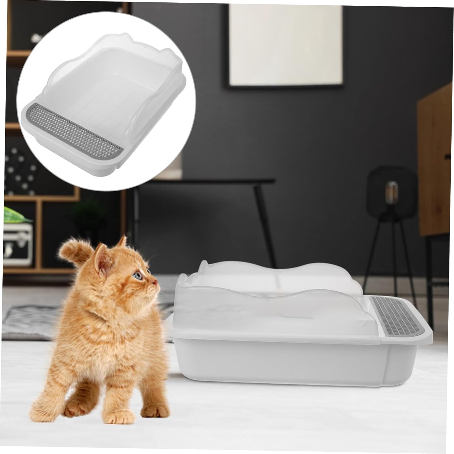 Mipcase Open Type Cat Litter Box with Sand Retention Pedal Easy Clean Kitten Litter Tray with Hanging Scoop for Indoor Use Durable Material Small White Color