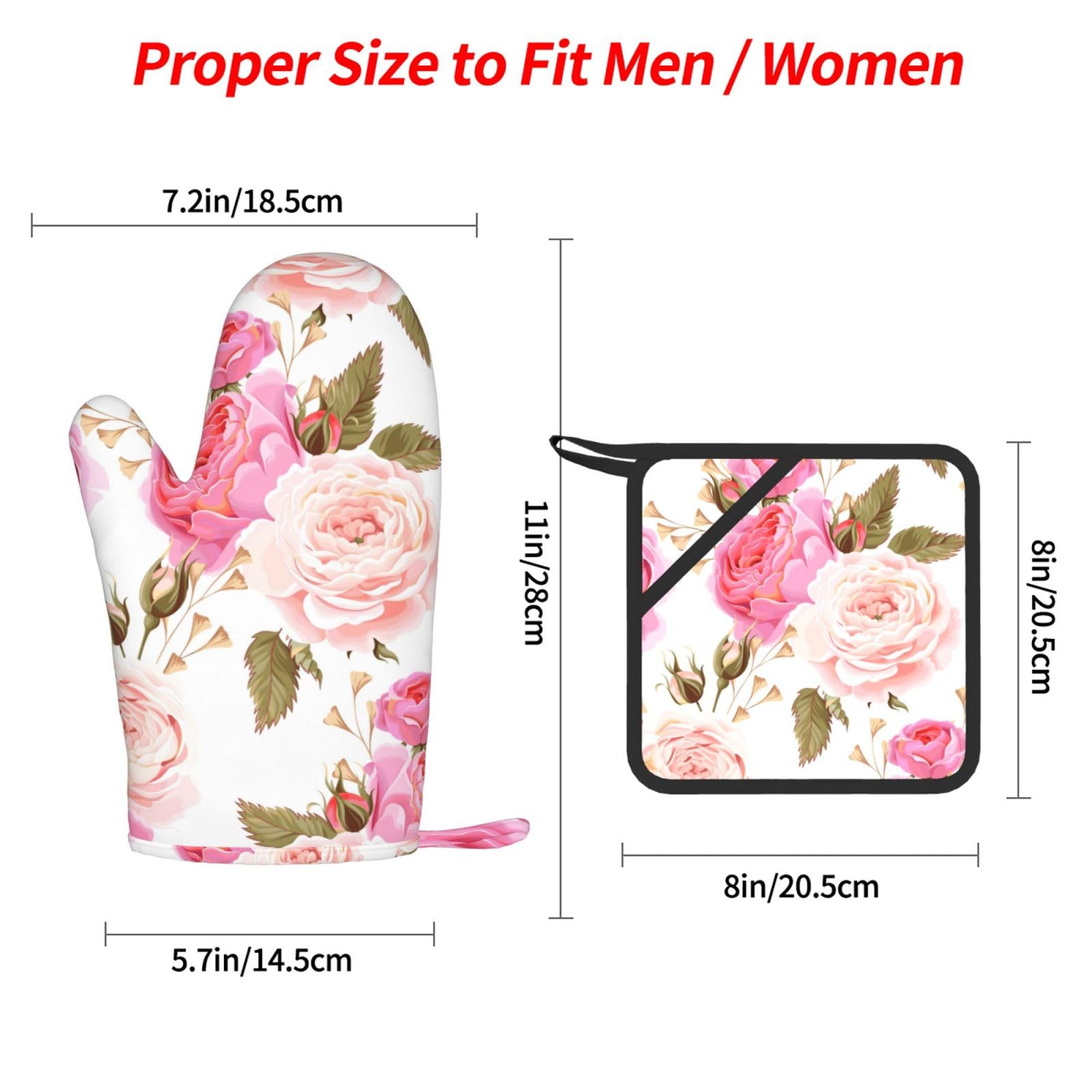 Fleur Rose Rose,Gants de Cuisine et maniques (Lot de 4), antidérapants Gants de Four résistants à la Chaleur