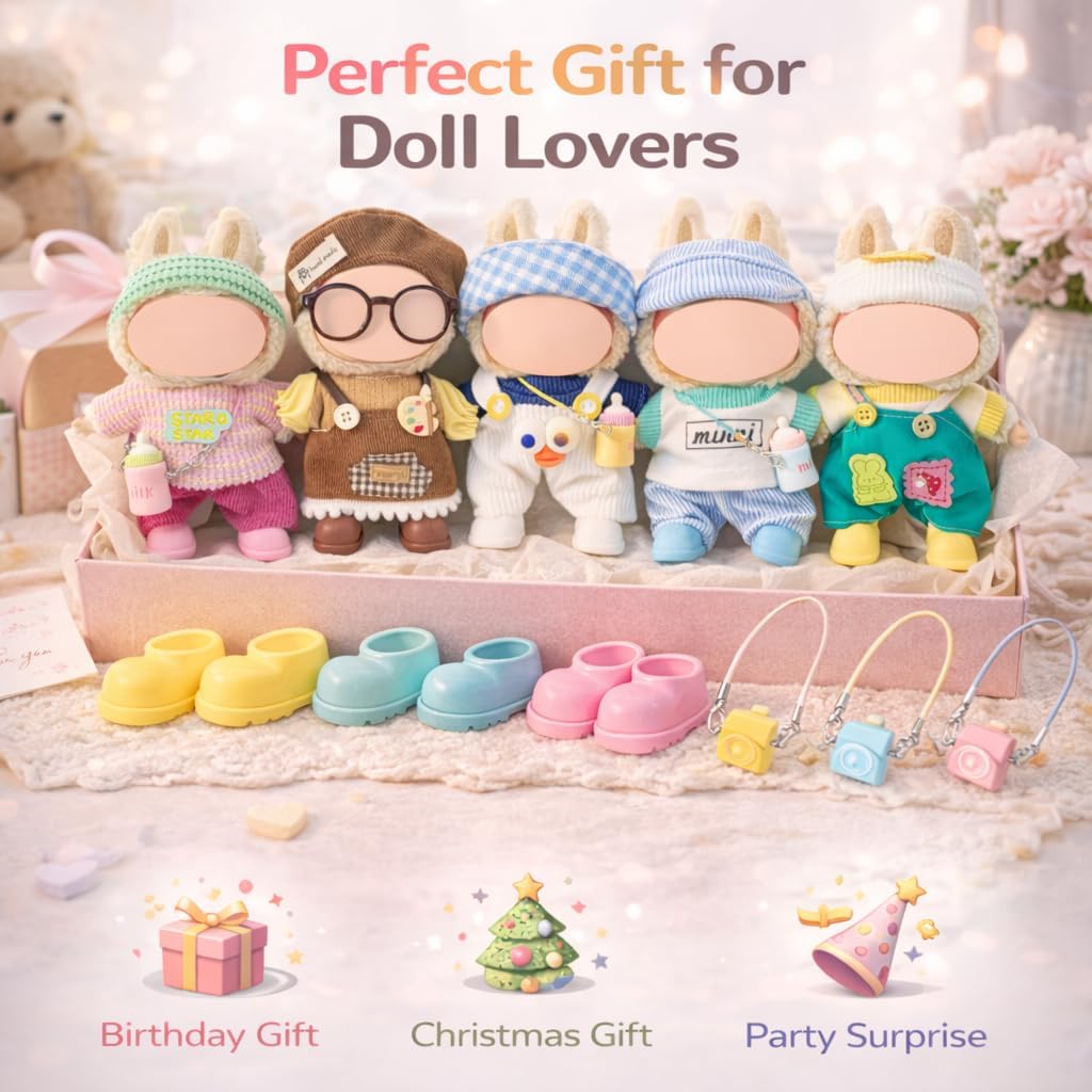 Ezcora 5-Pack Doll Clothes Set for 15–17cm Dolls, Includes 5 Cute Colorful Outfits with Hats and Doll Accessories, Perfect for Play and Display, Doll Accessories for Collectors (No Dolls)