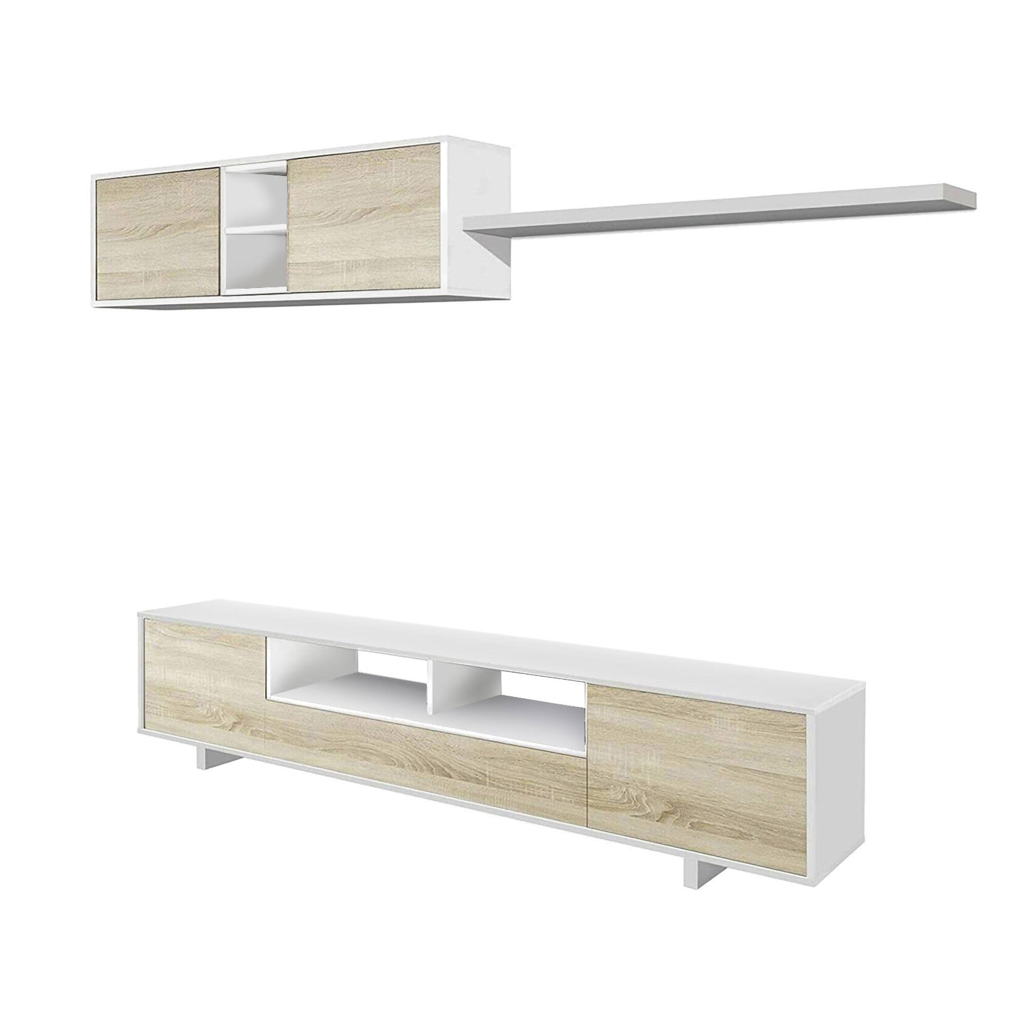 Parete Attrezzata Dmora Per Soggiorno - Mobile Porta TV Moderno Con Pensile E Mensola, 200x46x41 Cm, Rovere E Bianco - Foto 3