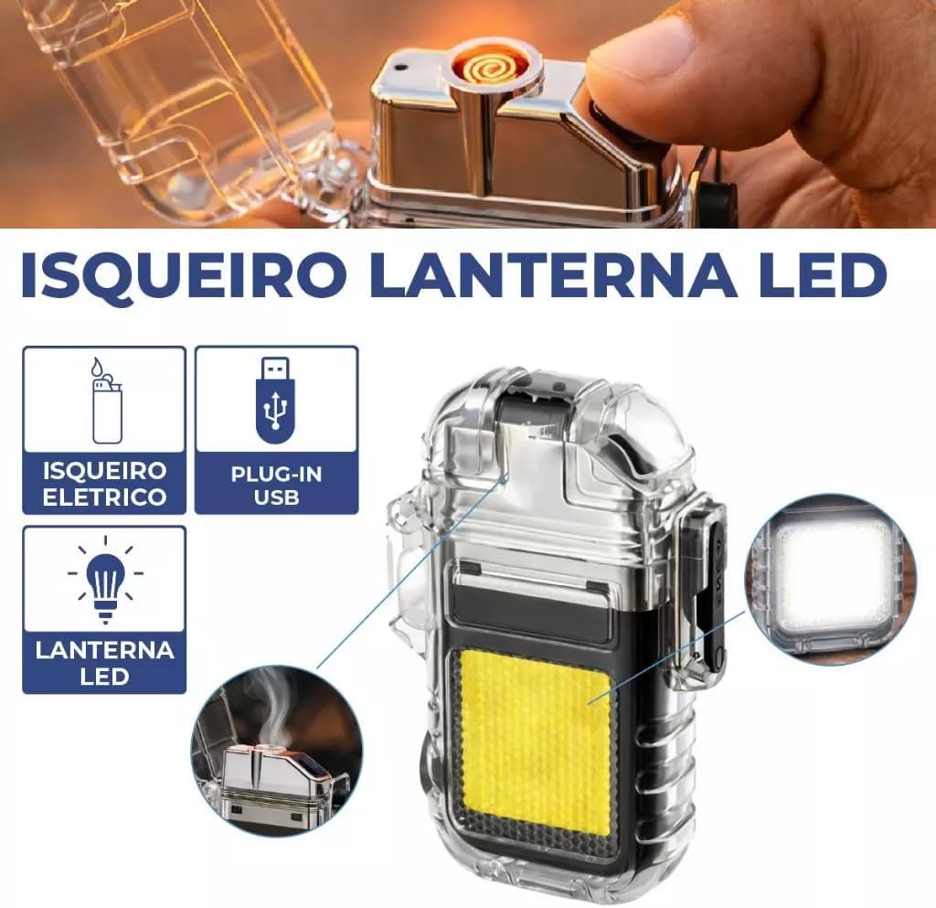 Isqueiro Elétrico Plasma Recarregável USB com Lanterna LED – À Prova d’Água, Portátil e Resistente para Camping, Viagens e Emergências Isqueiro Elétrico Plasma Recarregável USB com Lanterna LED – À Prova d’Água, Portátil e Resistente para Camping, Viagens e Emergências