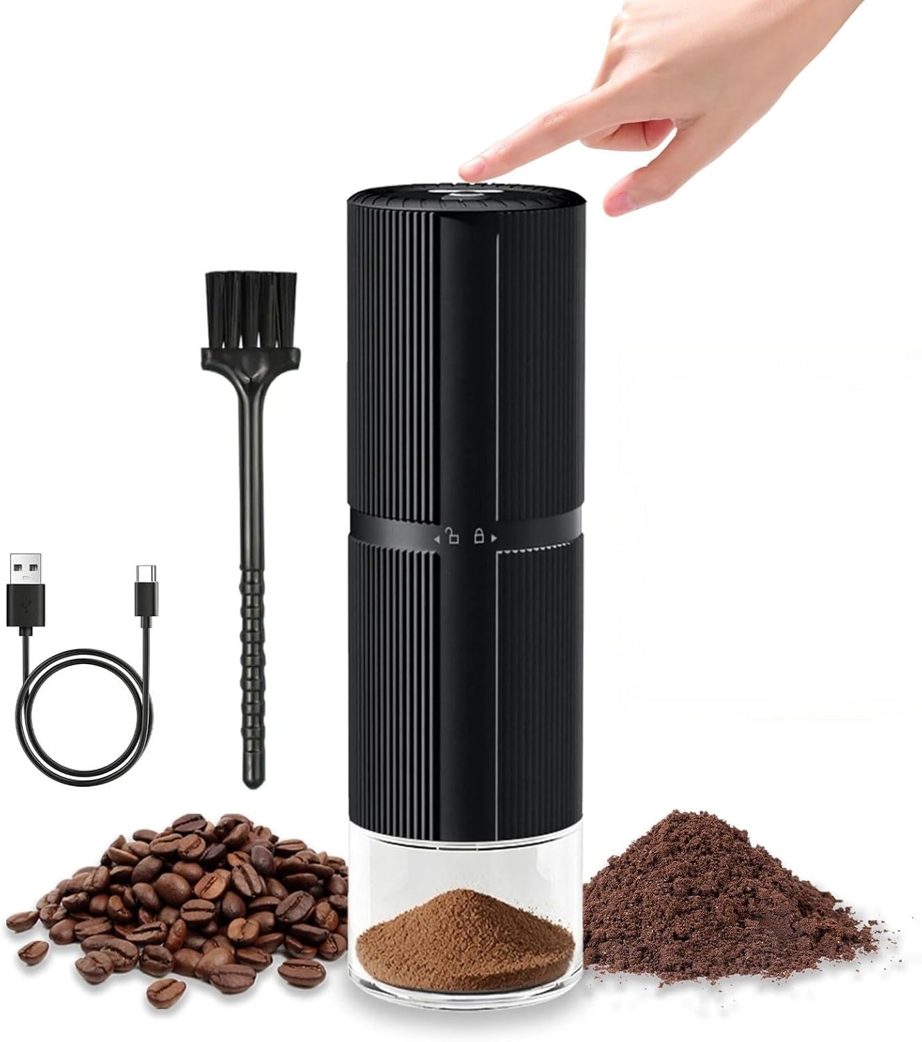 Portable Electric Conical Burr Coffee Grinder, USB-C Rechargeable Cordless Handheld, Adjustable Settings & Auto-Stop, Metal Shell for Travel, Camping, Home Espresso & French Press - Black