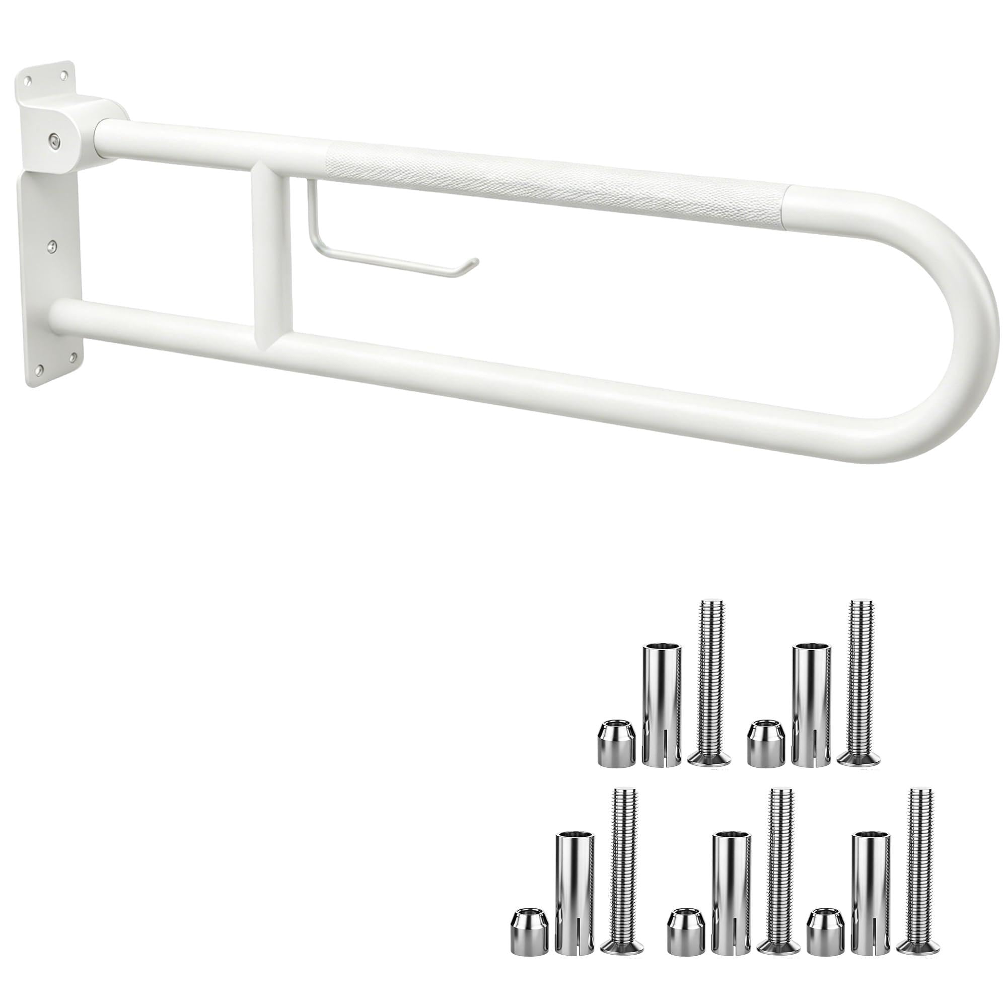 30.3 Inch Toilet Grab Bar, HUAS White Anti Slip Bathroom Toilet Safety Rails, U Shaped Flip-Up Handicap Grab Bars w/Paper Holder, Stainless Steel Support Handrail for Elderly Disabled Senior