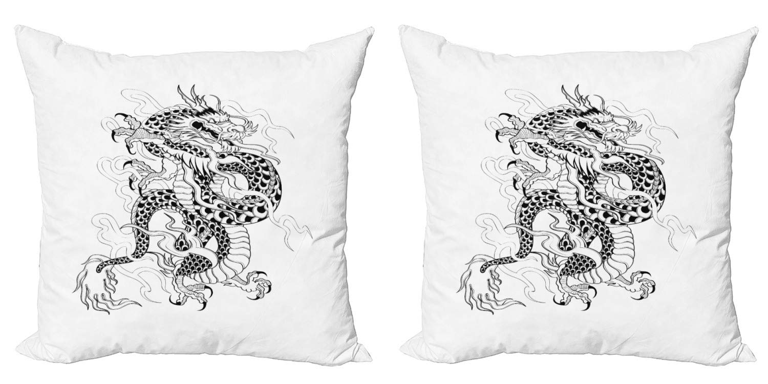 ABAKUHAUS Federe Cuscini Set 4 Pezzi - 50x50 Cm - Drago Giapponese Monocromatico - Stampa Front/Retro - Nero E Bianco