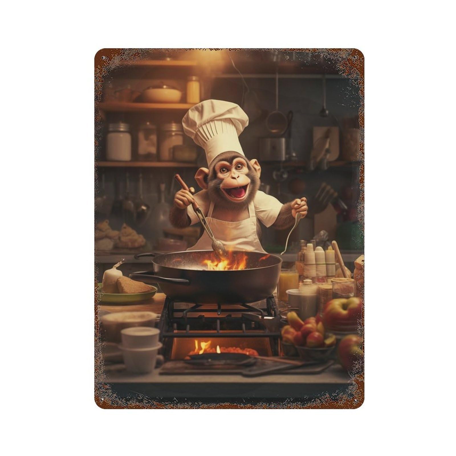 Monkey Cooking Kitchen Rusty Metal Tin Sign 15.7"x11.8", Shabby Chic Decor for Garage, Bar And Workshop Decor