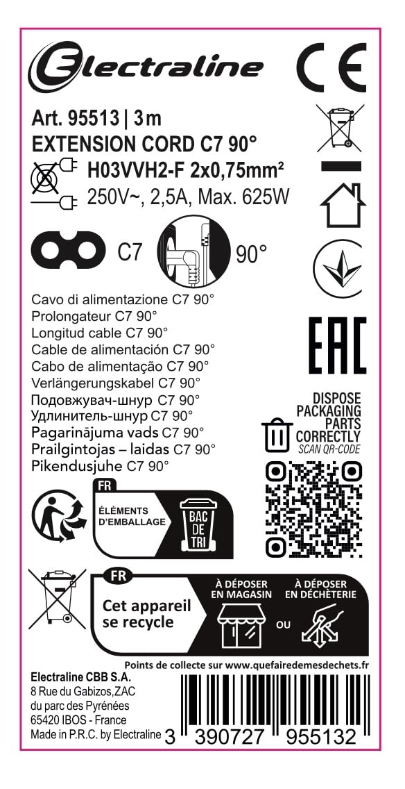 Electraline 95513 Cavo di Alimentazione 3M C7 Radio, PC, TV, Schermi Piatti, Adatto a dispositivo Sonos come, Spina Europea Tipo C, Nero