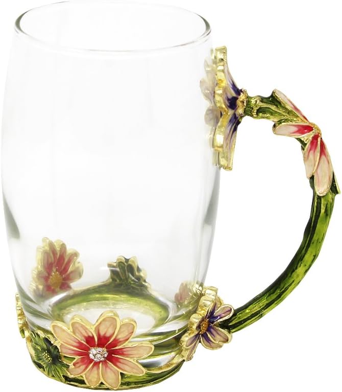 370ML Novelty Coffee Cups, Handmade Flower Enamel Chrysanthemum Handle Glass Mug, Gife Package