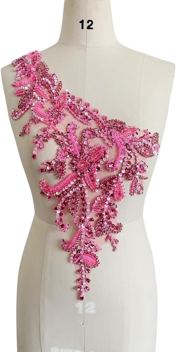 Handmade Rhinestones Applique DIY Handsewing Beads Sequins Trim Patch One Shoulder Dress Clothes Accessories 10X22inches (Pink,B)