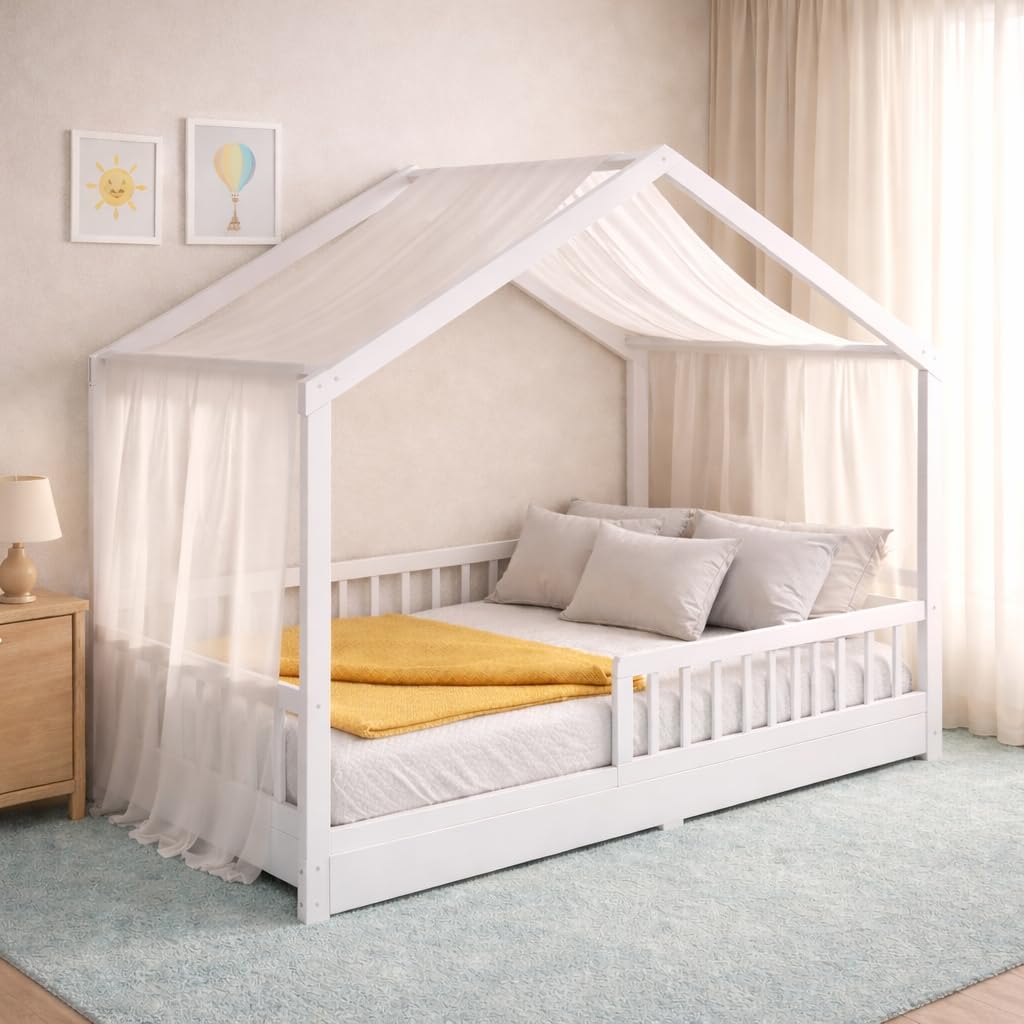 CADANI Malte Kinderbett 90x200 cm – Hausbett mit abnehmbarem Rausfallschutz, bis 200 kg belastbar, Roll-Lattenrost, Montessori Bodenbett aus Massivholz Kiefer, Weiß
