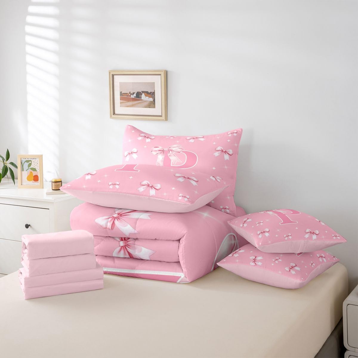 Erosebridal Bow Romantic Princess Twin Comforter Set with Sheets 7 Piece Pink Initial Letter P Bed in A Bag Modern Starry Aesthetic Bedding Sets for Women Lady Cute Cartoon Bowknot Bed Set - Image 7