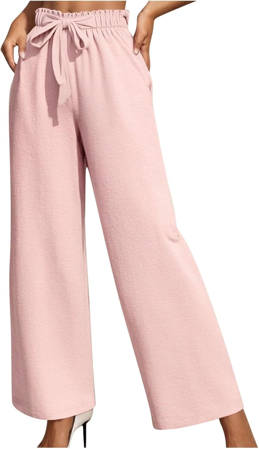 Womens Casual Wide Leg Pants Drawstring High Waist Palazzo Flowy Trousers with Pockets Beach Vacation Outfits
