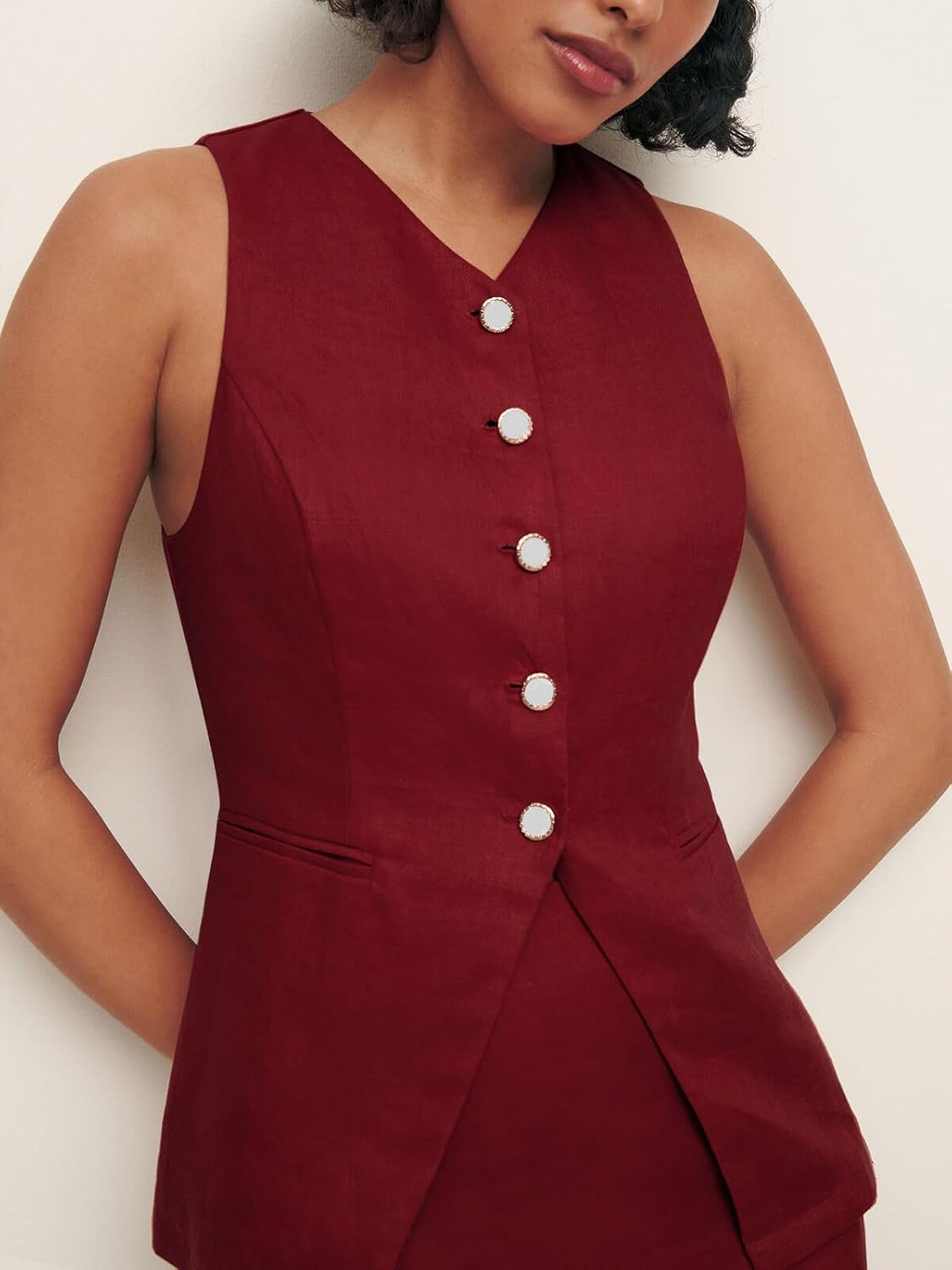 Tankaneo Womens Summer Suit Vest Tops Fashion Casual Sleeveless Blazers Split Hem Button Down Linen Work Waistcoat - Image 3