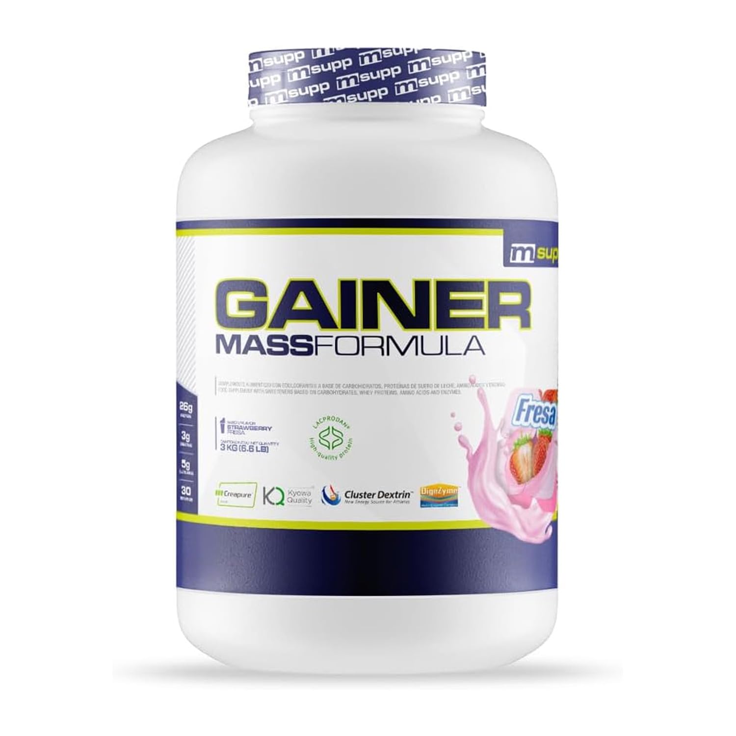 MASmusculo - Gainer Mass Formula - 3 Kg - Sabor Fresa - Aumenta Masa Muscular - Proteína Suero de Leche y Caseína Micelar - L-​Glutamina Kyowa y Creatina Creapure - Mezcla de Carbohidratos