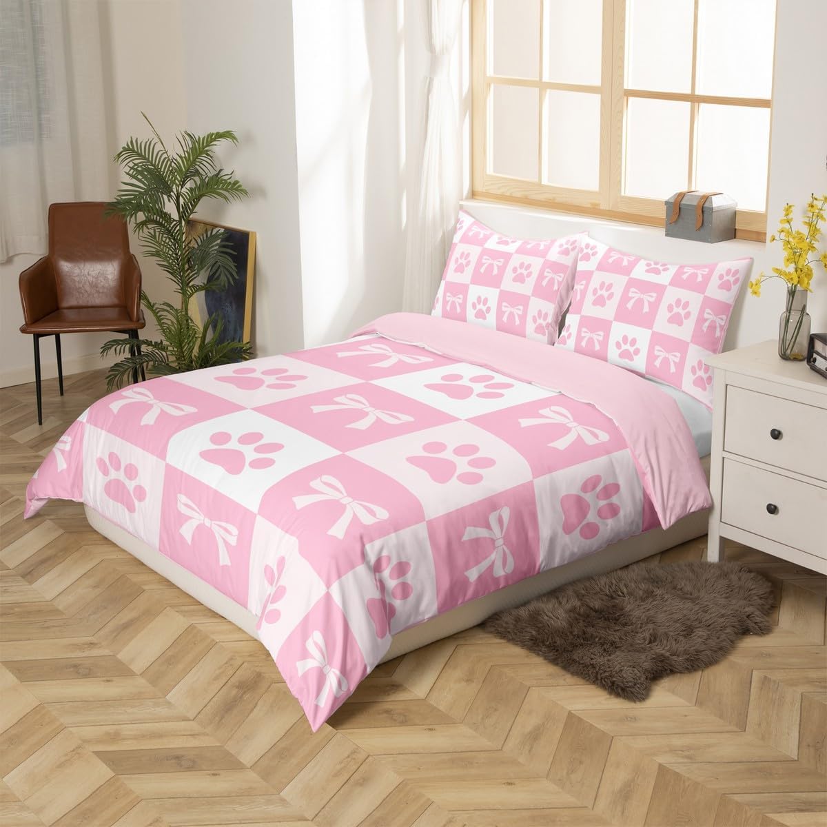 Manfei Girls Bowknots Duvet Cover Set Toddler Size,Lovely Animals Themed Bedding Set,Dog Paw Footprint Comforter Cover,Pink White Geometric Checker Bedding Set 2 Pcs with 1 Pillowcase