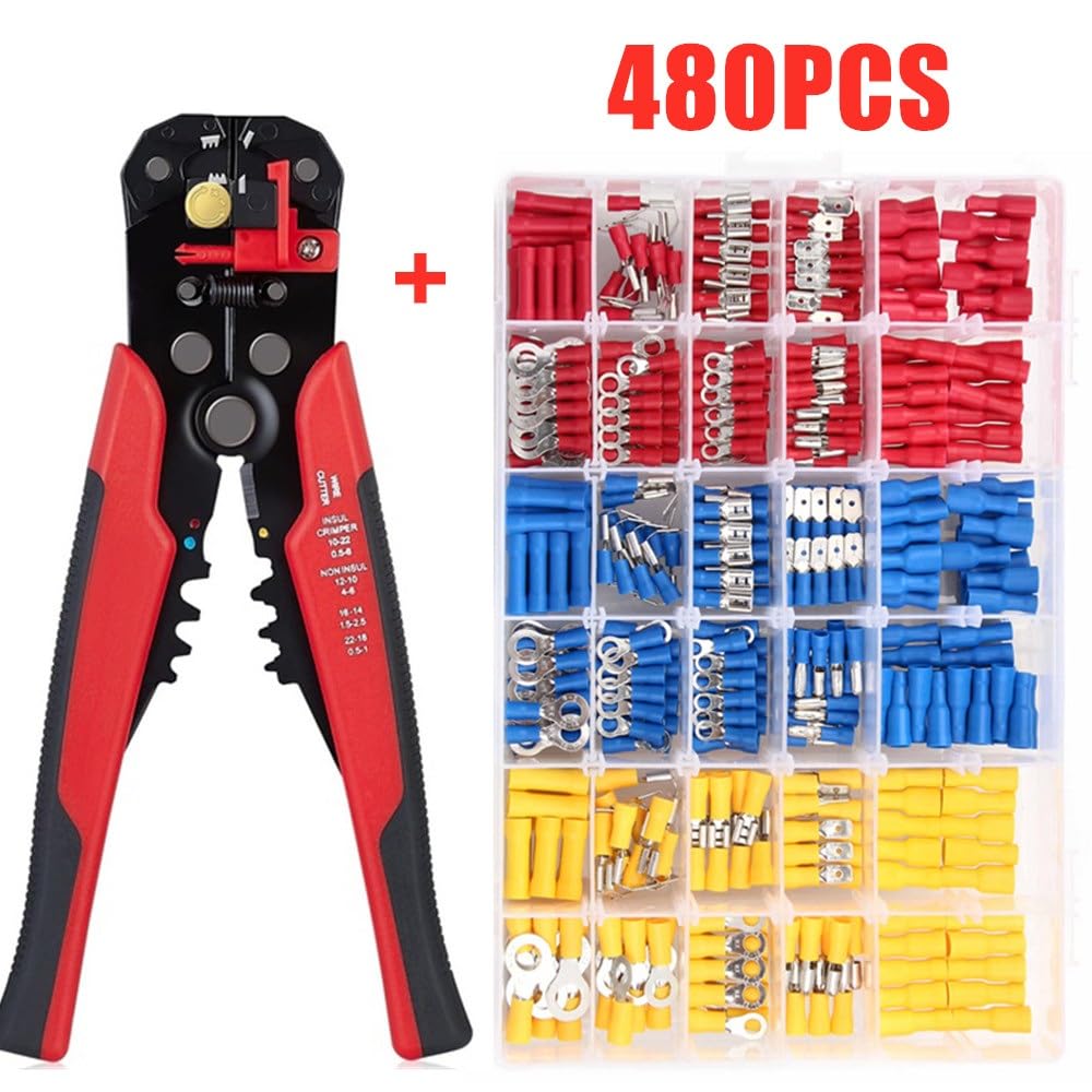 Cosses Tubulaires,Cosse Ronde 280/48 0PCS Assortiment Spade Spade Butt Bague Bague Fourche Bague Câbles Roulés Terminaux Câble Électrique Connecteur de sertissage + Stripper à fil(480PCS Plier)