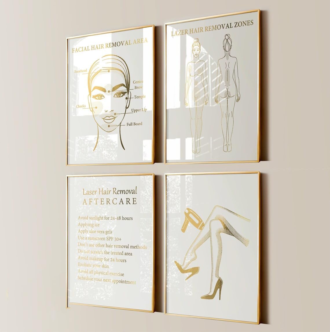 Facial Hair Removal Area Wall Art 4 Pieces Laser Epilation Poster Hair Removal Treatment Prints Canvas Painting Framed Artwork for Beauty Salon Med Spa Decoration with Inner Frame