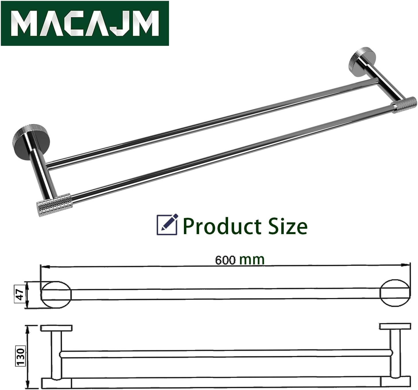 24 Inch Chrome Plated Double Towel Bar with Knurled Design,Rust-Resistant 304 Stainless Steel, Wall Mounted Bathroom Hardware