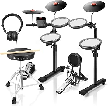 HAMPBACK MK-0 PRO E-Drum Set with 7 Inch Mesh Drum Pads 8 Inch Full Rubber Cymbals 5 Inch Bass Drum 12 Kits and 68 Authentic Sounds USB MIDI Drum Stool Drumsticks and Headphones for Beginners