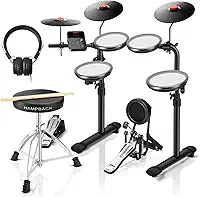 HAMPBACK Conjunto de bateria elétrica MK-0 PRO com 4 almofadas de bateria de malha bastante, 3 batidas completas de borracha, bumbo, 12 kits e 68 sons autênticos, USB MIDI, trono, bastões, fones de
