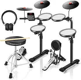 HAMPBACK Conjunto de bateria elétrica MK-0 PRO com 4 almofadas de bateria de malha bastante, 3 batidas completas de borracha, bumbo, 12 kits e 68 sons autênticos, USB MIDI, trono, bastões, fones de