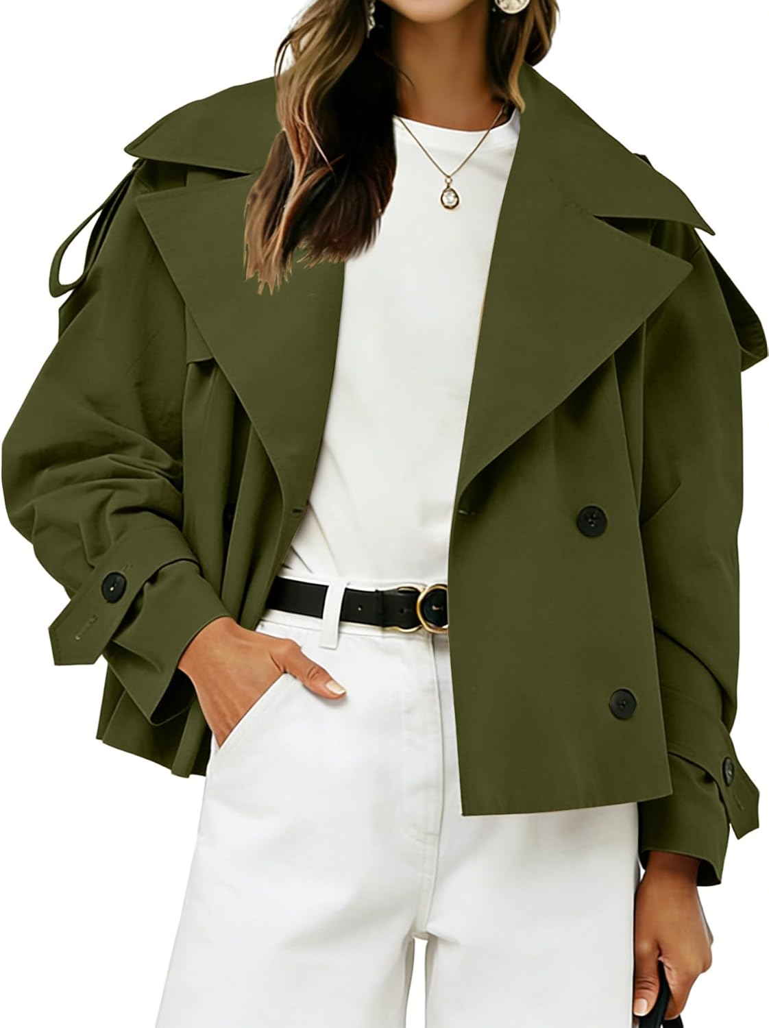 Muchpow Womens Cropped Trench Coat Casual Double Breasted Work Office Short Crop Coats Jacket with Belt