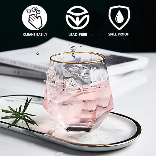 Miniatura 6 de Vasos de whisky de diamante, 4 vasos de rocas, vasos de cóctel con bandas doradas, para ron, whisky escocés o copas de vino, vasos de moda antigua,